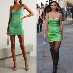 NWT Area Crystal Cup Mini Dress Metallic Green 6